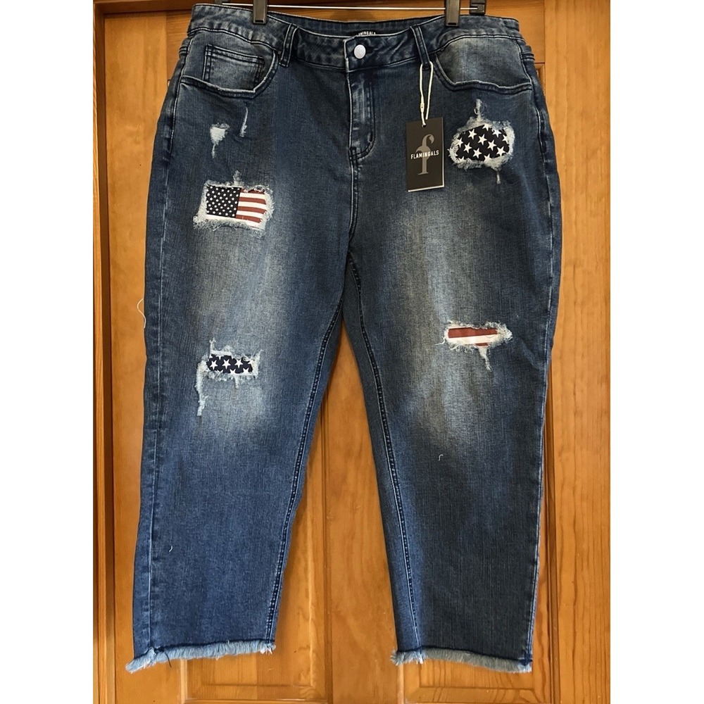 Flamingals Women American Flag Patch Jeans Distressed Raw Hem Sz 3xl